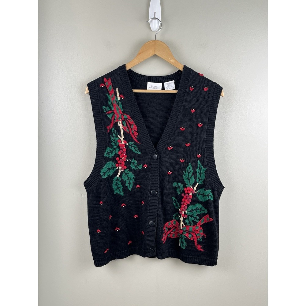 Vintage Blair Boutique Womens Sweater Vest Black Holly Granny Ugly Christmas Lg